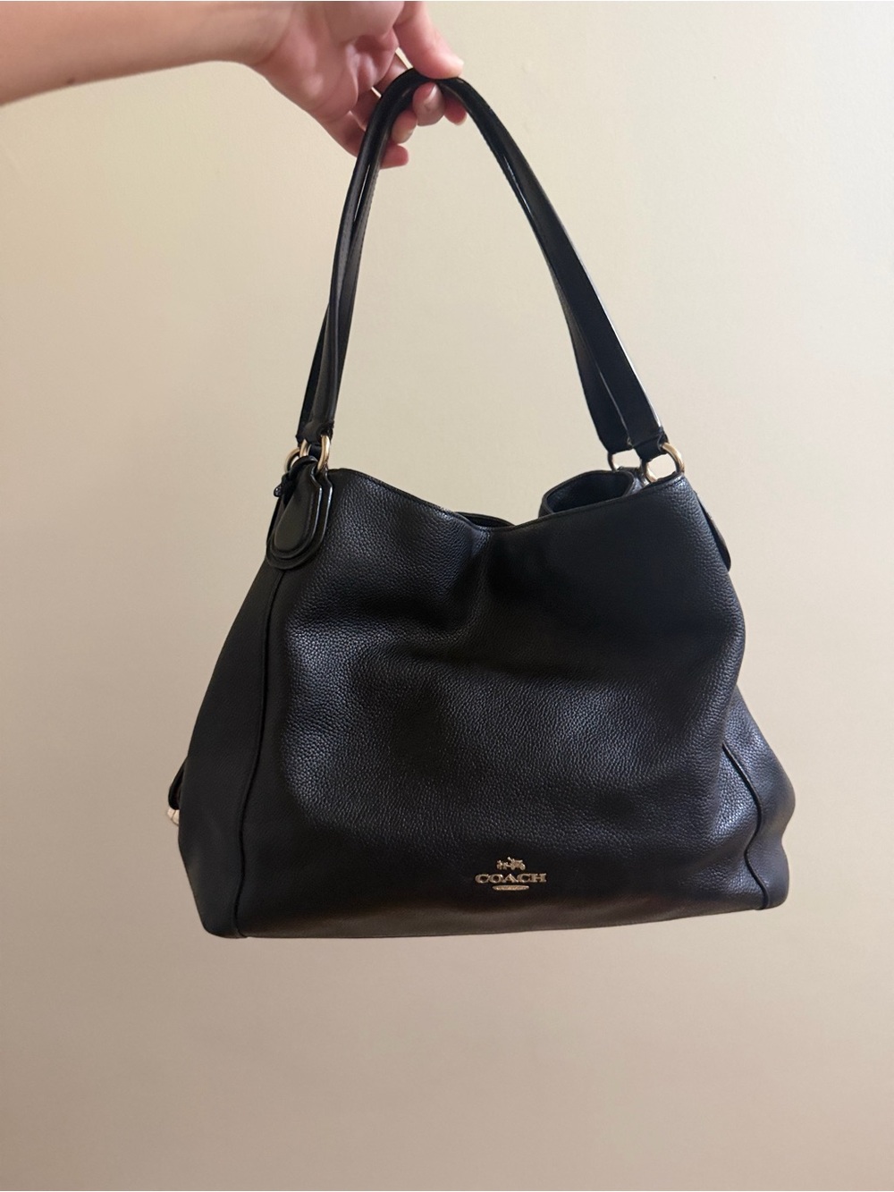Coach Edie Black Pebbled Leather Shoulder Bag with Gold Hardware